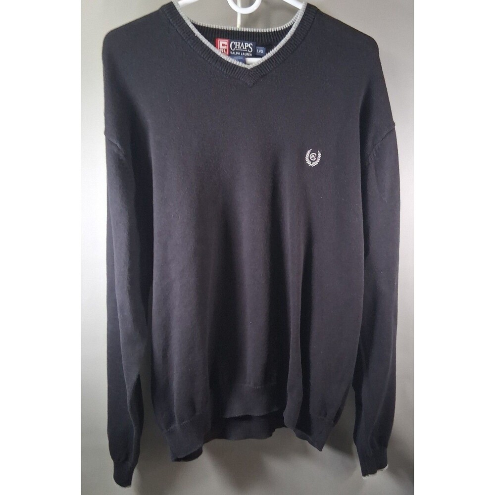 Vtg Chaps Ralph Lauren V-Neck Sweater Black Grey Trim Crest Logo L Dark Academia